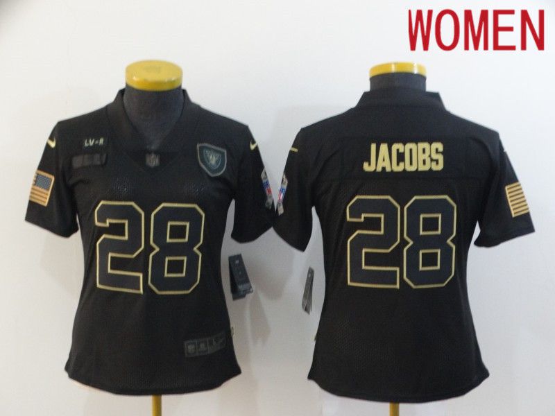 Women Oakland Raiders #28 Jacobs Black Retro Gold Lettering 2020 Nike NFL Jersey->women nfl jersey->Women Jersey